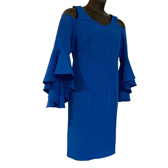 Midnight Velvet Blue Cold Shoulder Bell Sleeve Dress - Picture 3 of 16